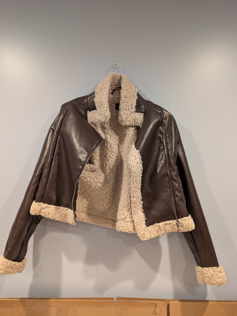 Brown Faux-Leather Shearling Trim Jacket
